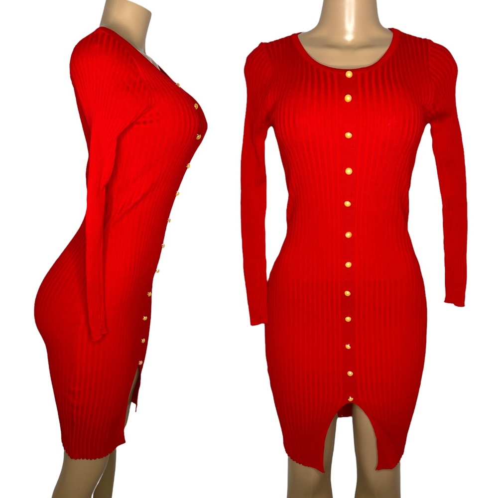 NWT Red Women Dress Size S Long Sleeve Round Neck Stretchy Bodycom Short Dress